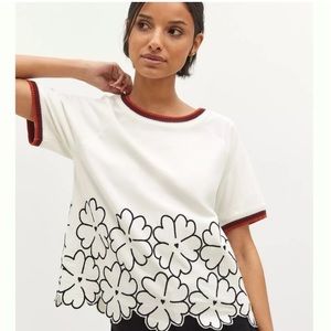Anthropologie maeve white black embroidered floral hem sweater tee shirt